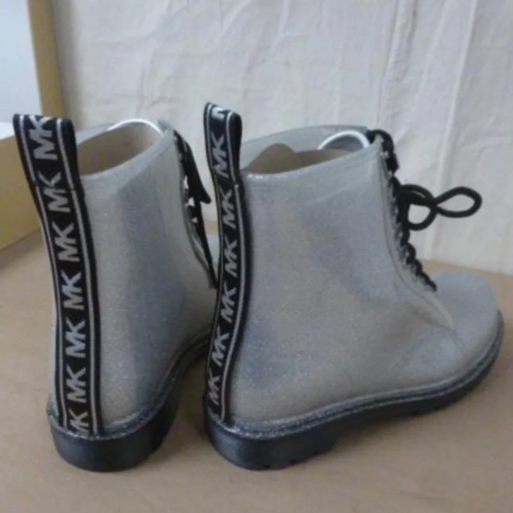Michael Kors Silver Glitter Tavie Rainbootie Combat Boots Women's Size 8 NWT